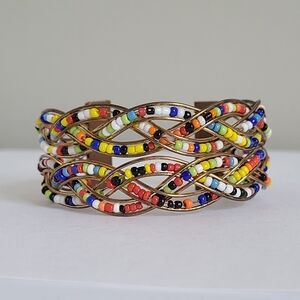 Boho Beaded Fun Colourful Braided Boho Lagenlook Gold Metal Open Cuff Bracelet